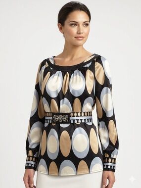 Geometric Black Satin Blouse with Ivory and Tan Accents